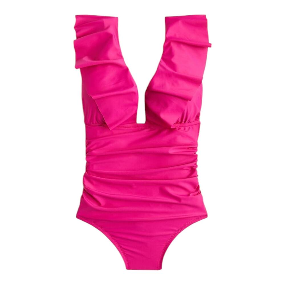 NWT Women's J.Crew Ruched Ruffle One-Piece, Radiant Fuchsia, Size 8